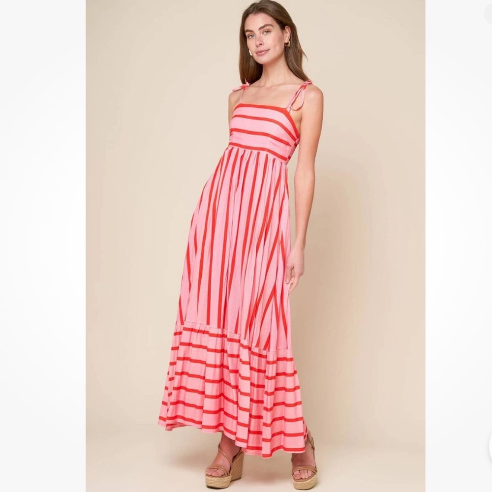 Flying Tomato Pink and Coral Striped Tie-Shoulder Maxi Dress - Picture 3 of 14